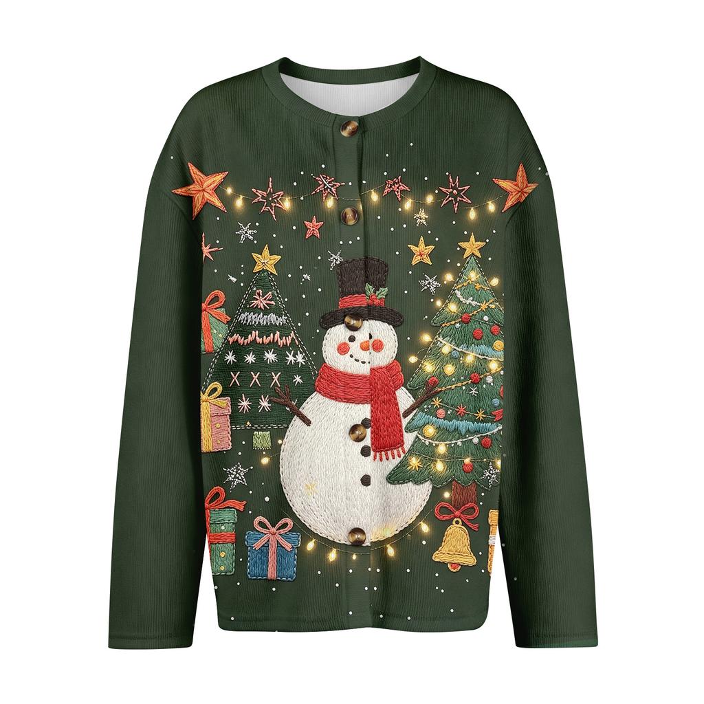 Women's Fashion Long Sleeve Christmas Print Cardigan Coat for Holiday Winter