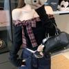 Sweet & Spicy Plaid Patchwork One-Shoulder Bowknot Slimming Top for Women - Spring 2026 New Arrival