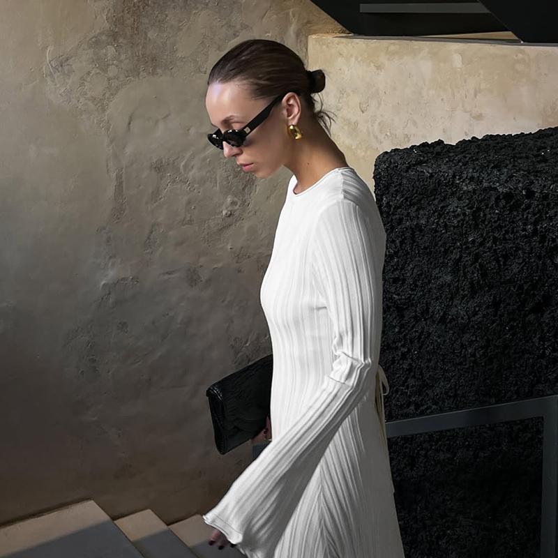 White Knitted Long Dress Women 2026 Spring New Long Sleeve Bandage Loose Casual Dress Streetwear Womens Vestidos