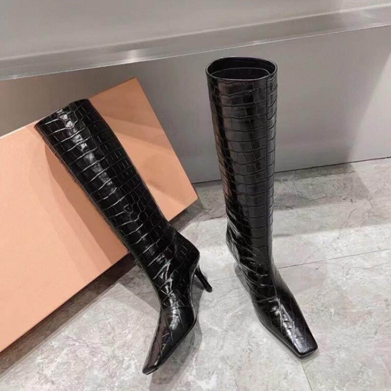 Fashion Stone Pattern Cowhide Black Apricot Knee High Boots Women Autumn Winter Low Heels Square Toe Long Boots Retro Size 34-44 Shoes