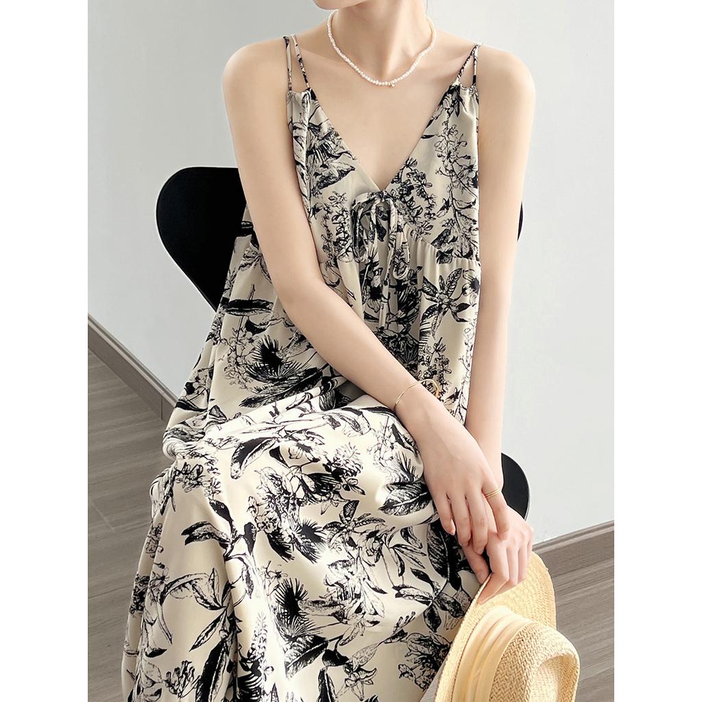 Ink Print V-neck Halter Dress Summer Lazy Style Long Floral Dresses