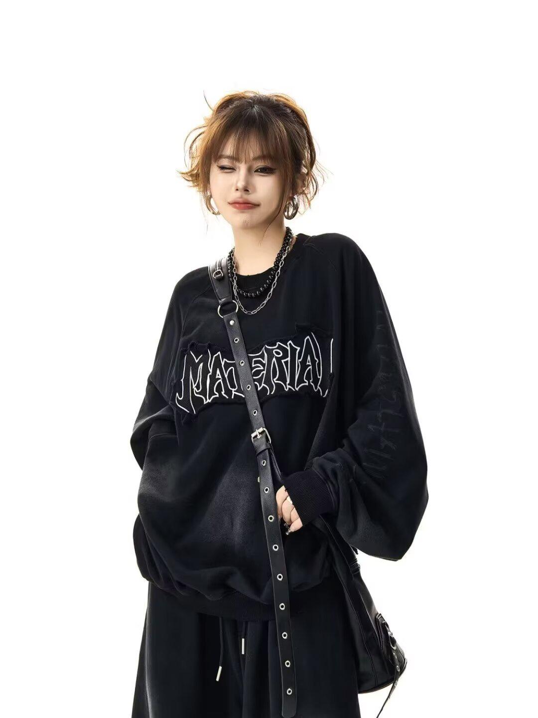 

Американский стиль 2024 ретро-печать букв женская толстовка, весна/осень свободный крой, повседневный пуловер с длинным рукавом 2XL