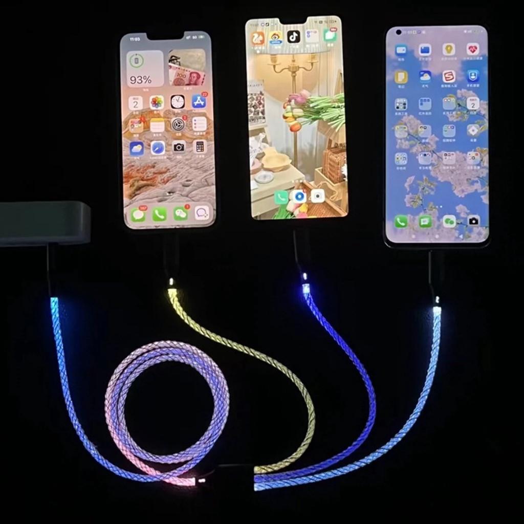 FONKEN 3 In 1 6A 66W Fast Charging Cable USB To Type-C Micro USB Lightning Charger Cable RGB Colorful Glow QData Cord