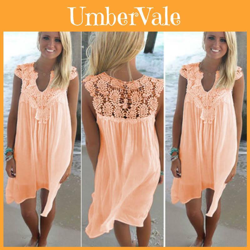 Elegante Abito Estivo da Spiaggia in Pizzo Senza Maniche Boho Taglie Forti per Donna