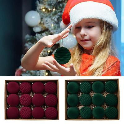 12 Stück Beflockte Weihnachtsbaumkugel-Ornamente Kunststoff Samtkugeln Weihnachten Dekorative Hängende Ornamente Weihnachtsbaumdekoration