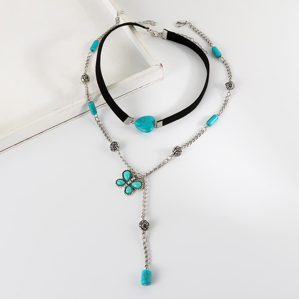 European and American Retro Turquoise Korean Velvet Neck Chain Female Butterfly Fringed Pendant Necklace