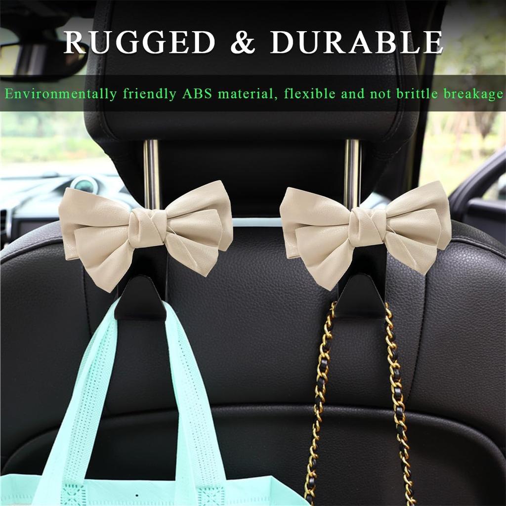 2 PCS Car Seat Headrest Hooks, Cute Bow Shaped Vehicle Backseat Storage Hooks, Leather Bow Shaped Sturdy Car Seat Back Hooks For