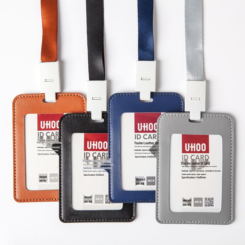 Youhe Genuine Leather ID and Business Card Holder with Lanyard - Custom Logo Printing Available