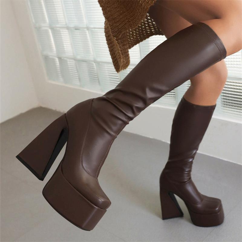 European and American Thick-soled High-heeled Special-shaped and Square-head Fashion Elastic Knee-length Women's Boots