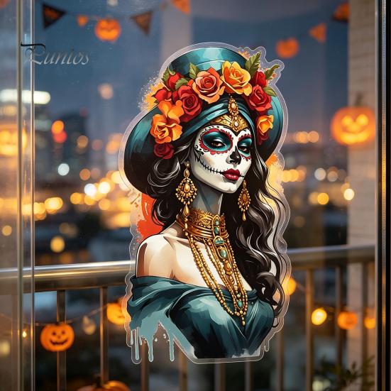 DIY Holiday Party Scene Layout Mexican Katrina Skeleton Girl Wall Sticker, Day of The Dead Artistic Portrait Decals Decal, Waterproof PVC Cling