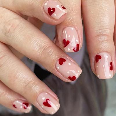 24pcs Valentines Nail French Short Square Press On Nail Elegant Designs Stick On Nail Manicure Nail Accesories