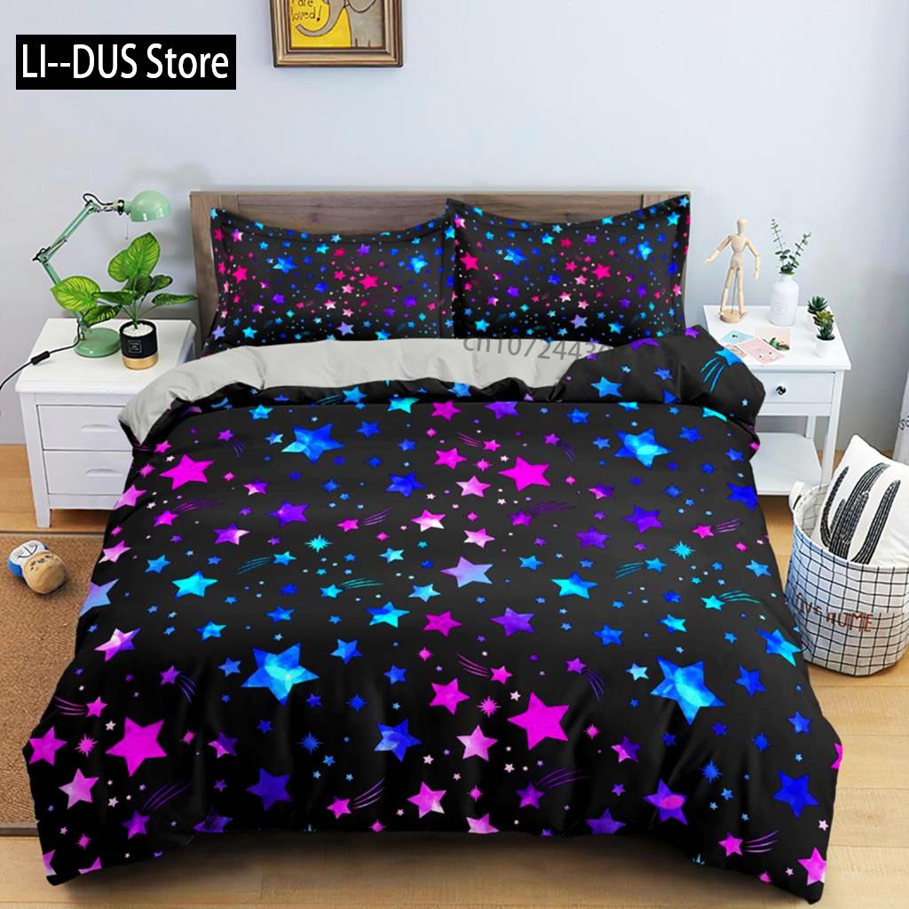 Juego de Funda Nórdica de Estrellas Coloridas Microfibra Estrellas Amarillas Rosas Juego de Cama Suave Tamaño Individual King Queen Twin 2/3 piezas Funda de Edredón