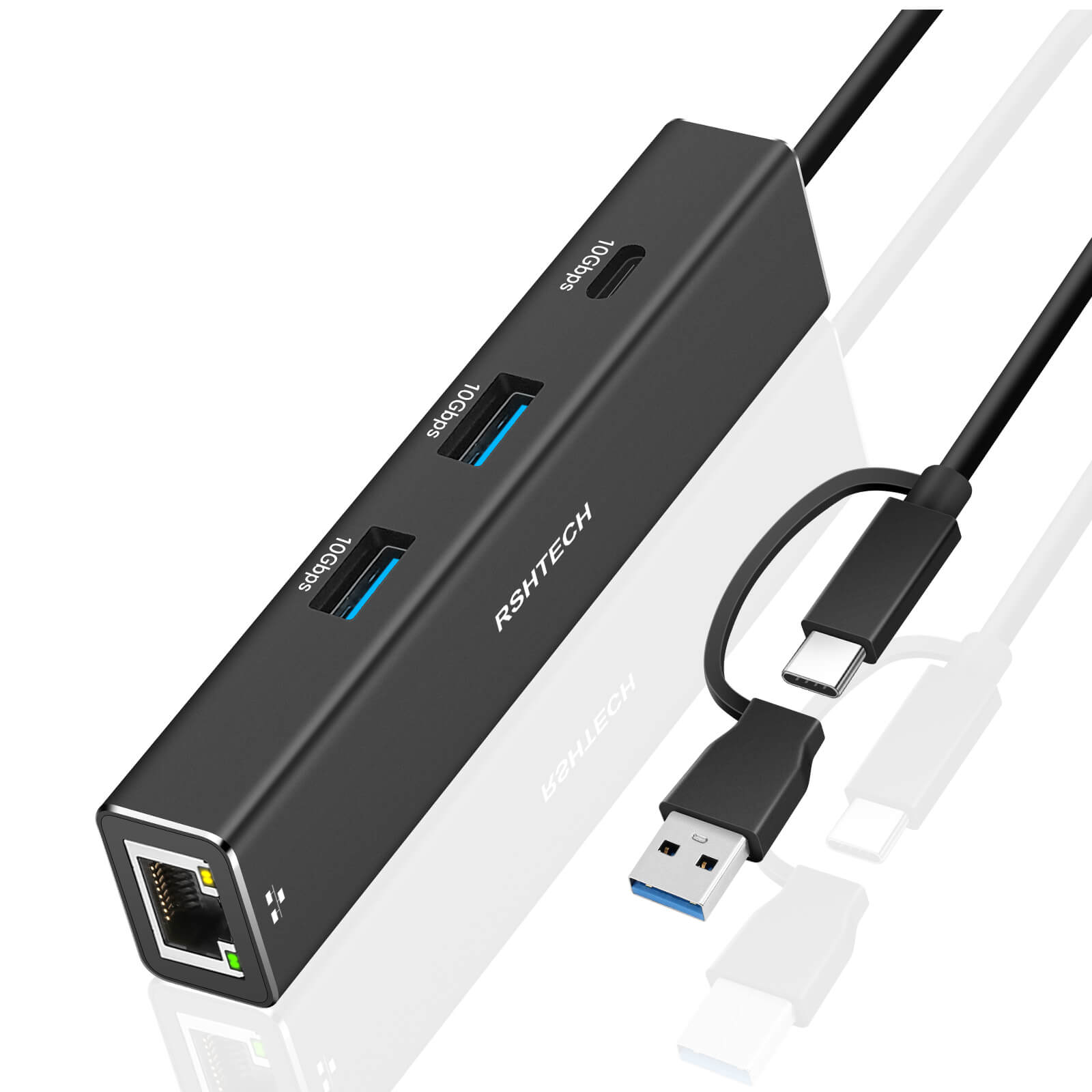 RSHTECH USB C Hub Aluminum 10Gbps 4 Port Type c Hubs Rj45 Ethernet Adapter 4 in 1 USB Hub 3.1 Gen 2  for Computer Accessories чёрный