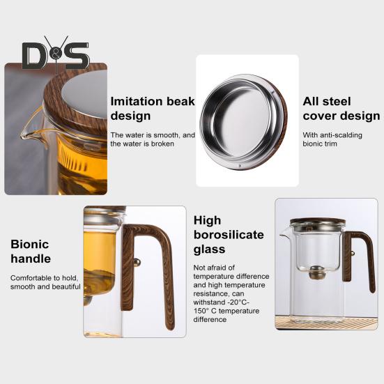 Szklany czajniczek z oddzieleniem wody, drewnianym uchwytem, szklany czajniczek z zaparzaczem, dzióbek zapobiegający kapaniu, Dzbanek do parzenia herbaty