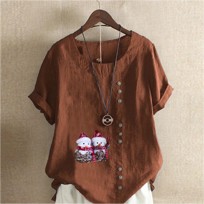 Women's Fashion Round Neck Short Sleeve T-shirt Casual Cotton Linen Graphic Shirt Leisure Loose Snowmen Prined Summer Blouse Tops