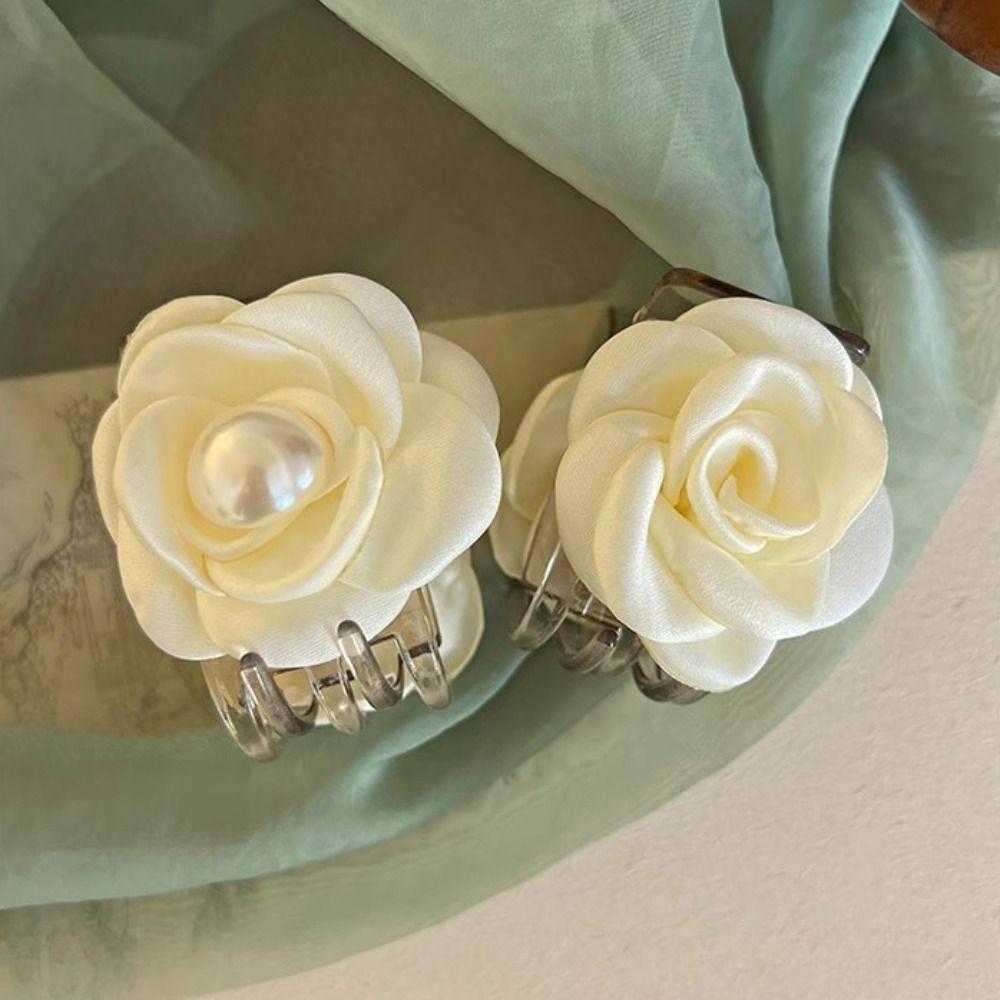 Small Fabric Floral Hair Clip Elegant Pearls Flower Hair Claw Camellia Hair Clip Back Head Wear