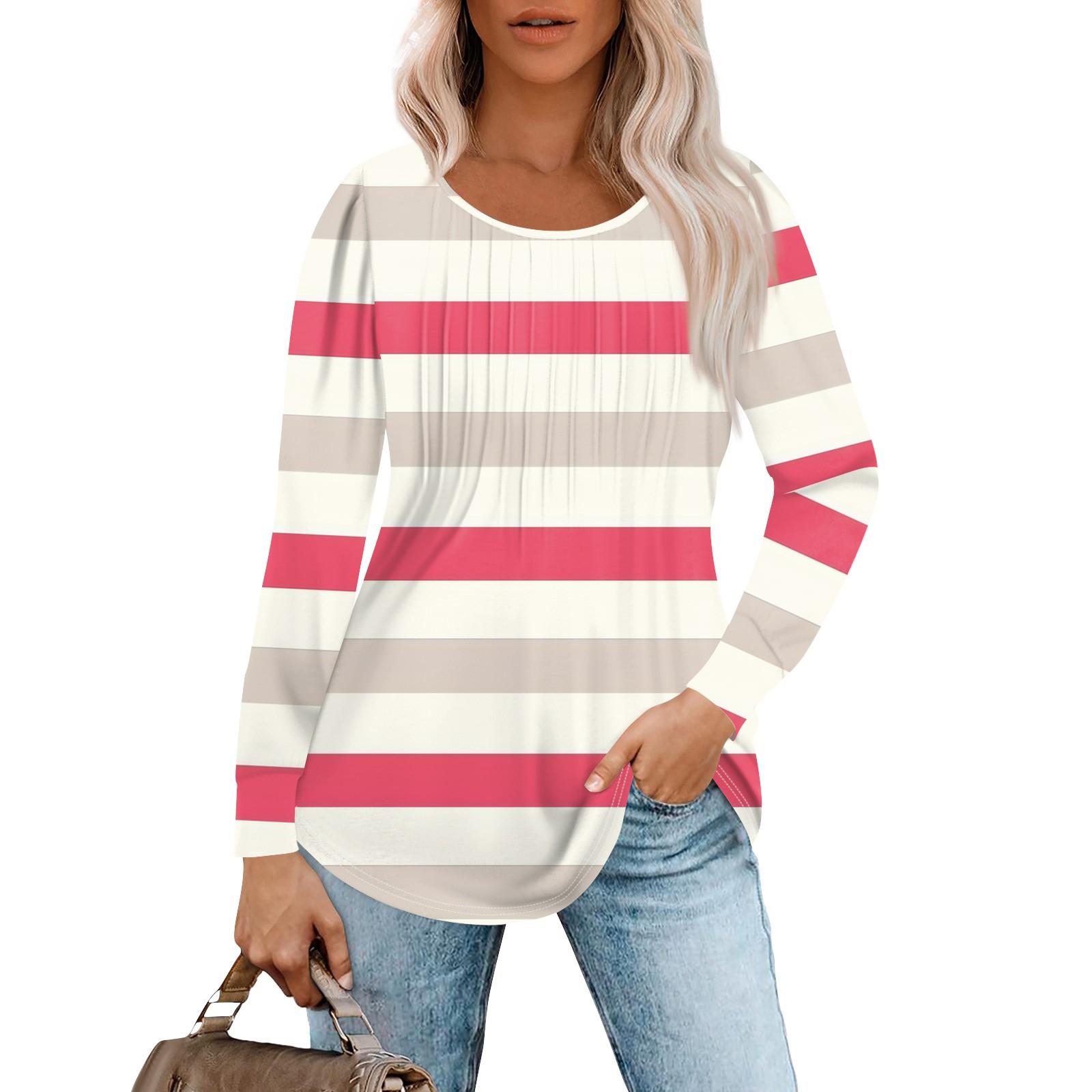 

Женские повседневные топы, полосатая плиссированная футболка с круглым вырезом и длинным рукавом с принтом L красный