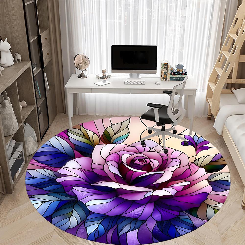 1pc Rose StainedGlass Office Round Area Rug, Indoor Mat Suitable ForOffice, Under Office Chairs Bedroom Living Room Home Decor, Room Deco  D091