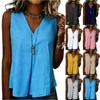 Women's Summer Fashionable Color V Neck Sleeveless Casual Cotton And Linen Loose Vest Top
