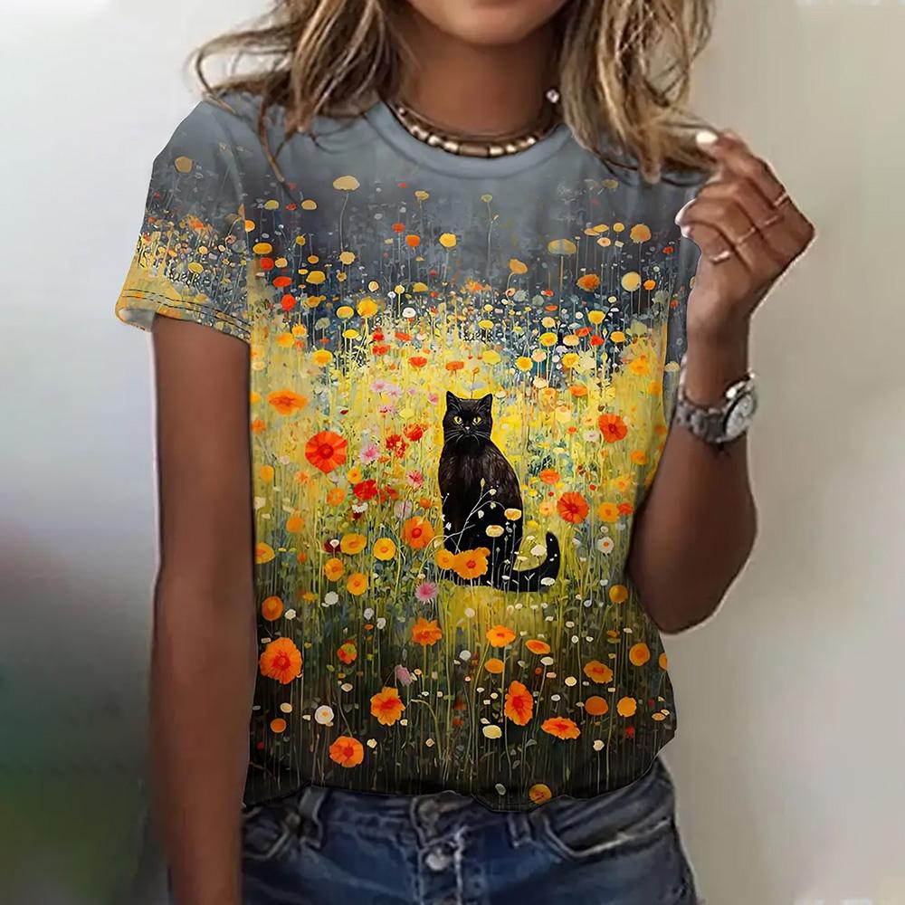 Women's Fashion 3D Abstract Cat Pattern Printed Short Sleeve Tops 2024 New Women's Clothing T-shirts Summer Loose Blouse Tees