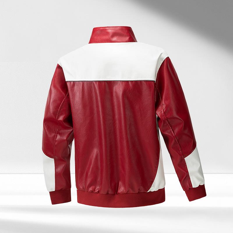 Fashionable and Versatile, Simple Autumn and Winter Color-blocked Stand-up Collar Leather Jackets, Motorcycle Jackets, Trendy Leather Jackets
