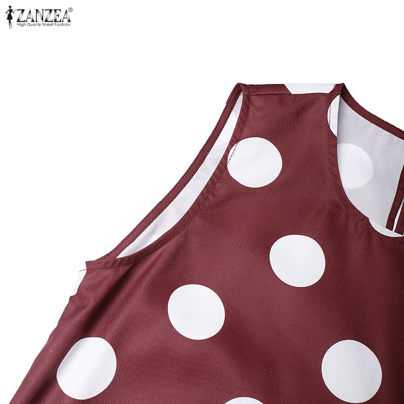 ZANZEA Women Casual Round Neck Polka Dot Print Loose Sleeveless Dress