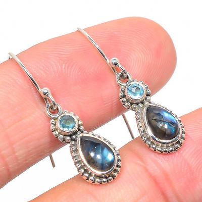 Natürlicher Labradorit, Blautopas 925 Sterling Silber Geschenk Ohrring 1,25" F7a06