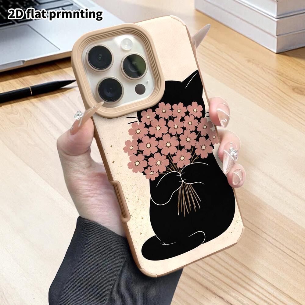 Phone Case: 2D flat lambskin suitable for iPhone 18 17 16 15 14 13 Pro protective case, bouquet black cat, Christmas and Halloween gifts