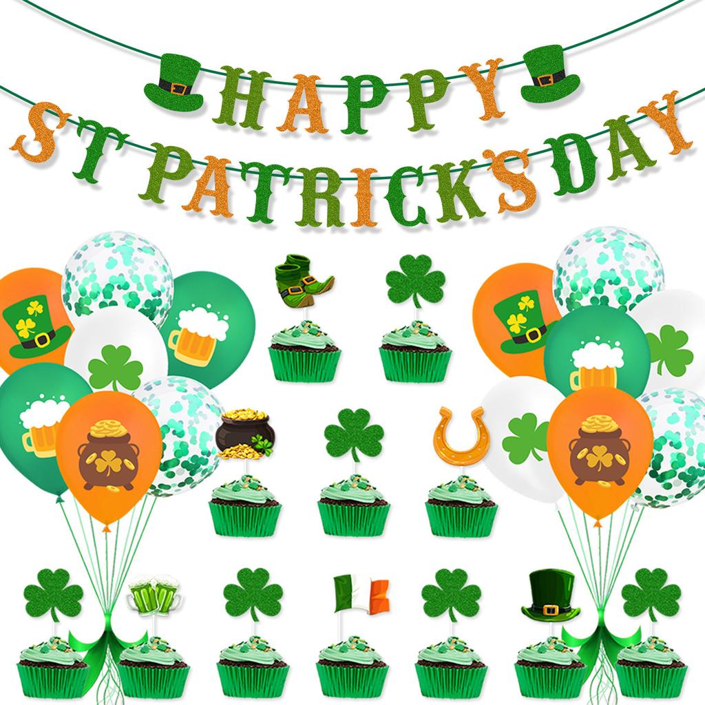 St. St. Patrick's Day Themen-Dekoflaggen-Ballon-Set Irische Festival-Atmosphären-Arrangement Kuchenstecker