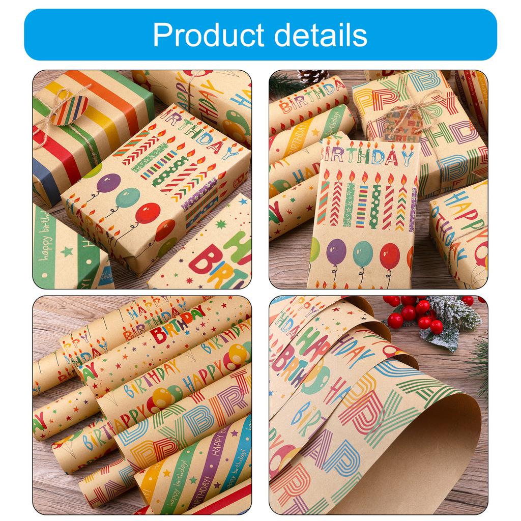 Birthday Gift Wrapping Paper Set Unique Birthday Gift Patterned Wrapping Paper with Tape Tags and Straw Rope