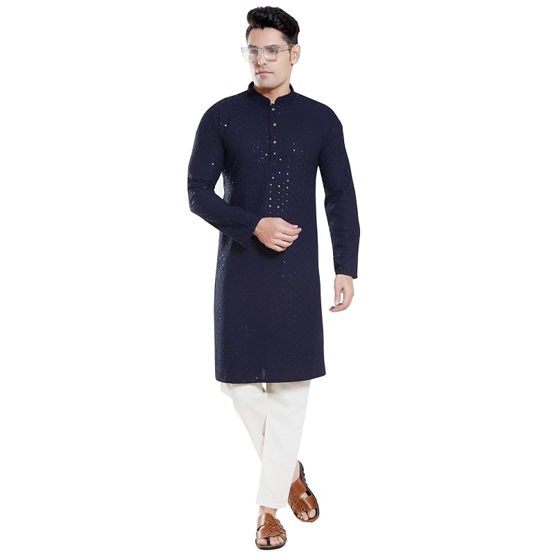 Divisive Men' Sequince Embroidered Cotton Blend Only Slim Fit Kurta (Dkrt1 Navy )