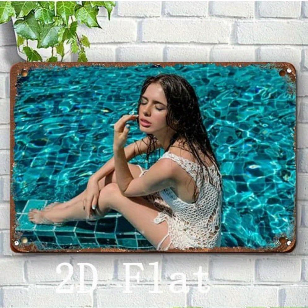 Vintage Metal Wall Art Sexy Bikini Model Pond Poster - Heavy Duty Pre-Drilled Waterproof 8x12 Inch Retro Decor for Home Bar Offi