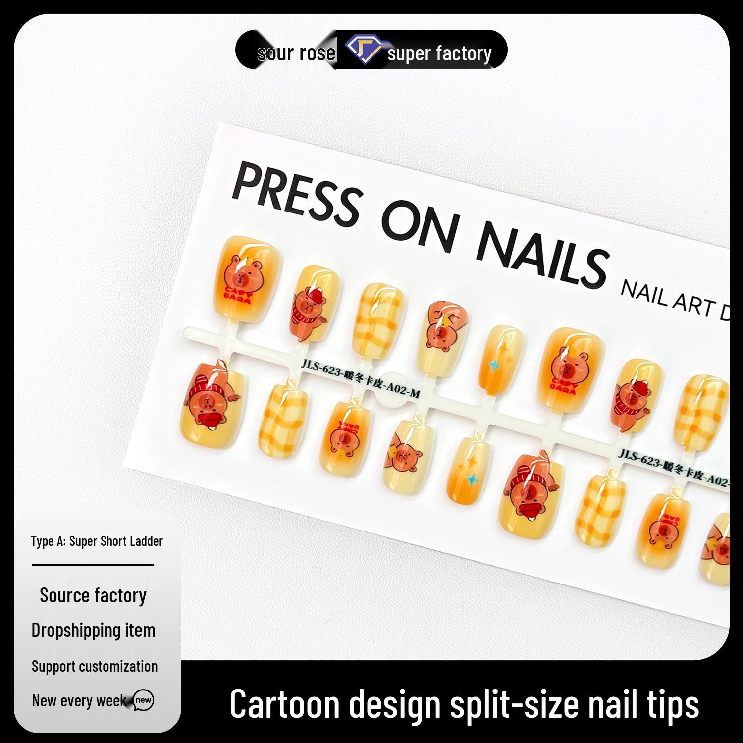 

Cute Cartoon Wearable Nails: Hand-Painted, Extra Short, Irregular Ladder Design