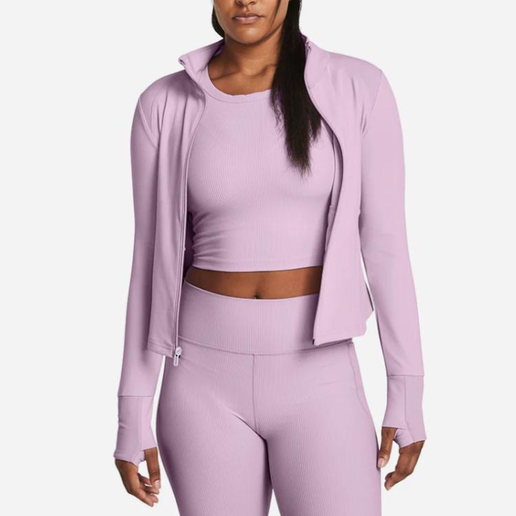 Under Armour Solid Color Stand Collar Zipper Design Raglan Long Sleeve Jacket Women Jackets Pink 1379157-543