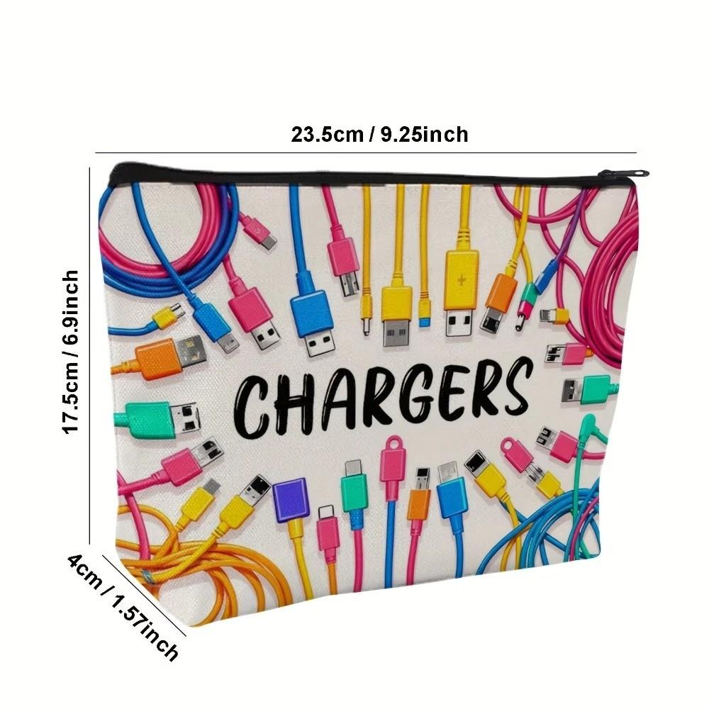 New Canvas Charger Storage Pouch Print Design Large Capacity Electronics Bag Zipper Closure Cosmetic Organizer for Office Desk