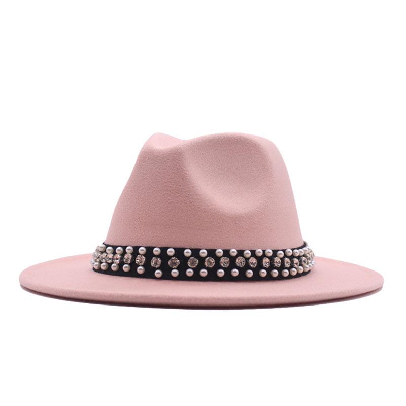 European and American Style Spring and Autumn Winter Imitation Felt Big Edge Hat British Retro Woolen Top Hat Women's Pearl Rhinestone Ribbon Jazz Hat