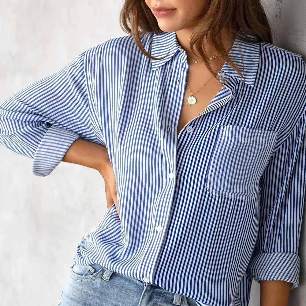 women s Pocket Decor Striped Loose Fit Long Sleeve Blouse Casual European Style Commuter Shirt Top S синий