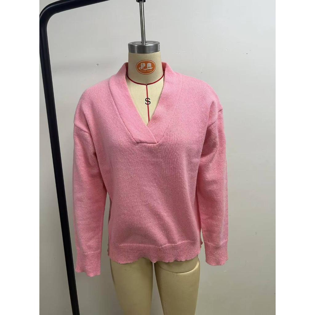 Fall Winter Women's Solid Knit V-Neck Loose Sweater Casual Fashion Pullover Tops for European American