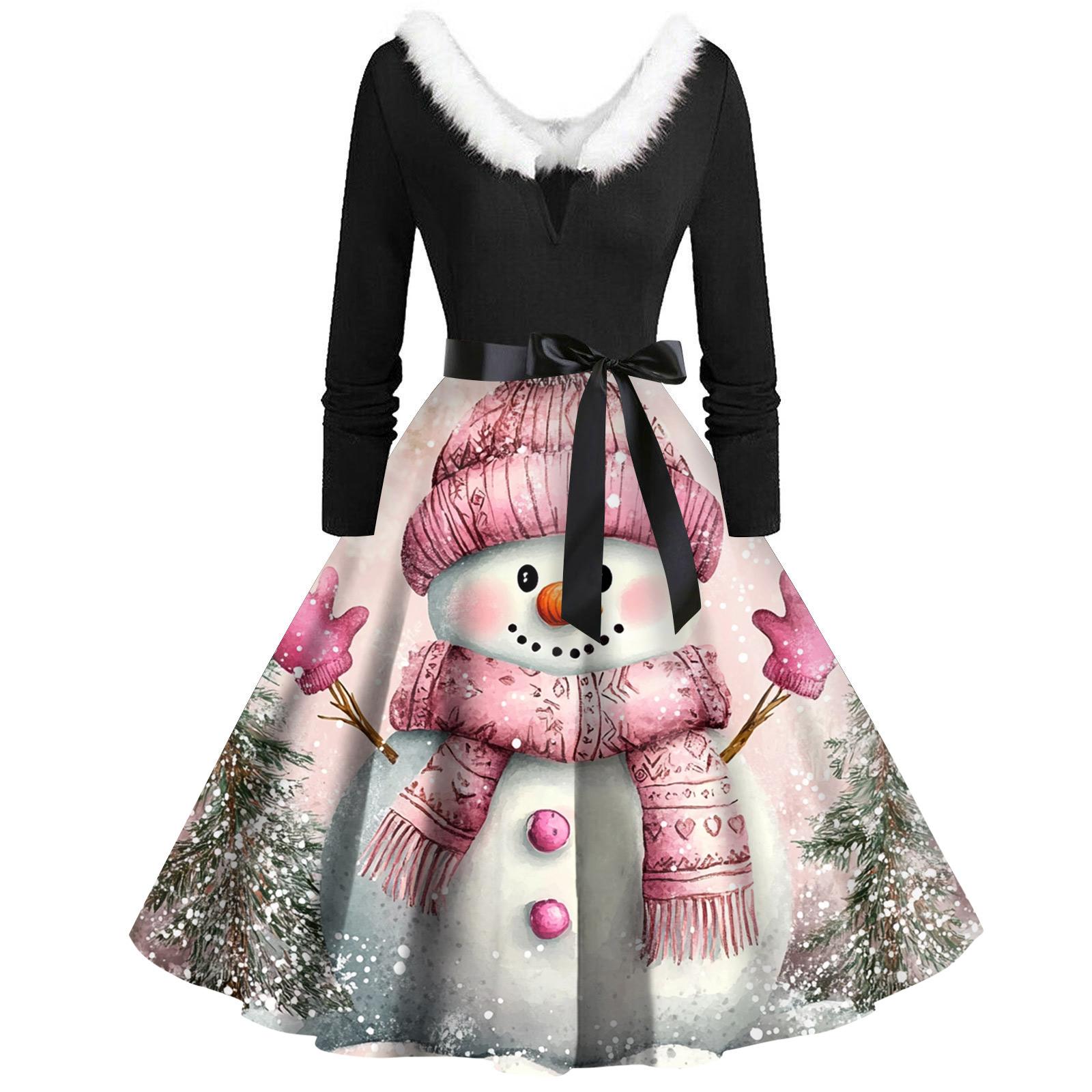 

Christmas Print Flare Dress For Women Long Sleeve Dress Hollow Party Casual Dresses M рожевий