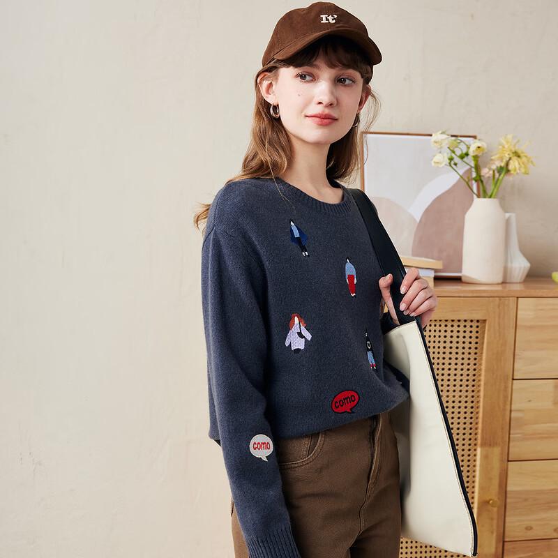 Komengboka Women's Embroidered Thickened Crew Neck Wool Sweater