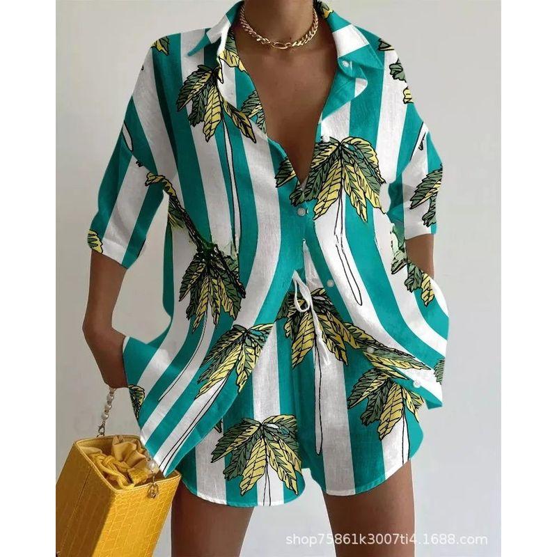 

Printed Shirt Tie Shorts Two-Piece Set Print Shirt Shoelace Shorts Two-piece Set Green Stripes S