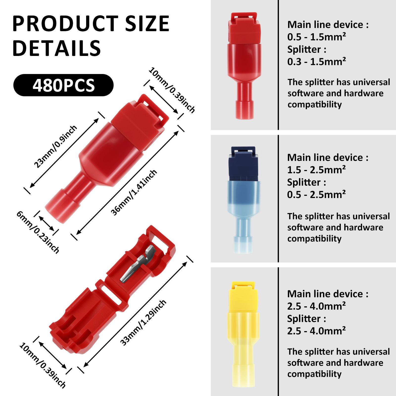 

480PCS T-Tap Wire Connectors Self-Stripping Quick Splice Electrical Wire Terminals Insulated Male Quick Disconnect Spade Termina