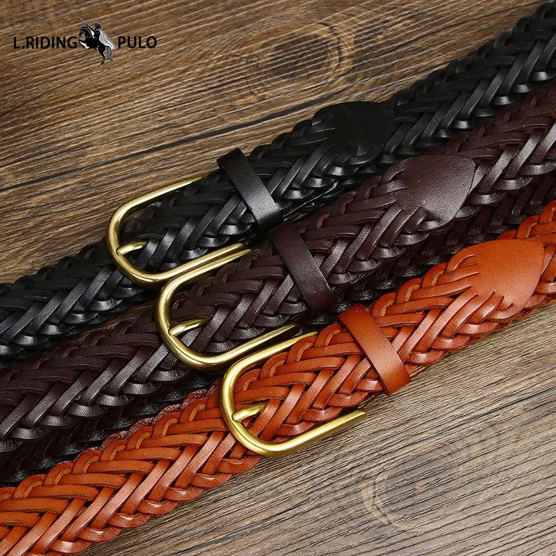 Men's Genuine Leather Braided Belt Cowhide Handmade Woven Pin Buckle Couple's Casual All-match Belt