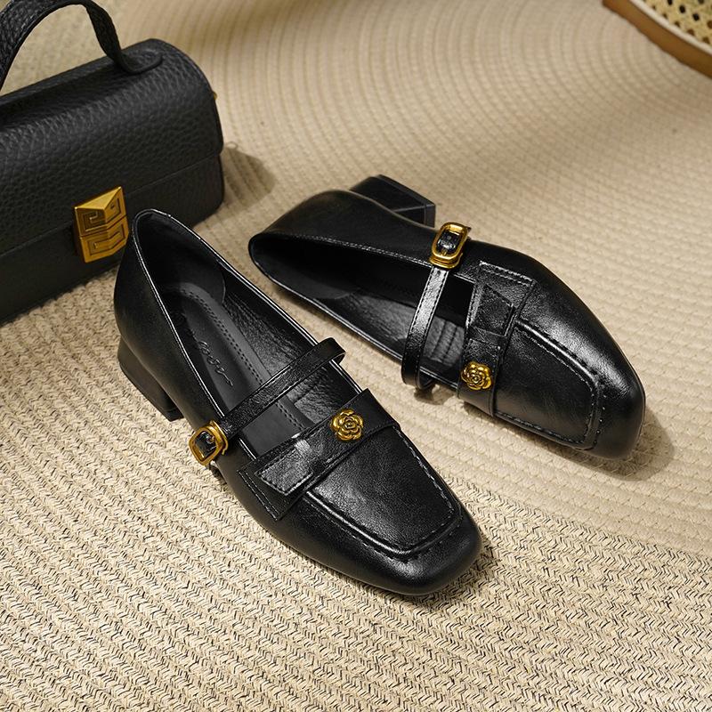 French Thick-heeled Camellia Shallow-mouth Shoes for Women, Spring Retro Mary Jane Leather Shoes
