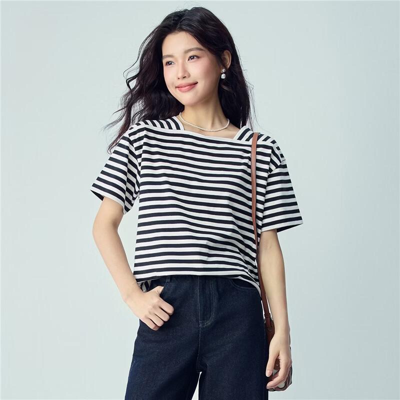 Giordano Women's Nautical Striped Square Collar Cotton T-shirt