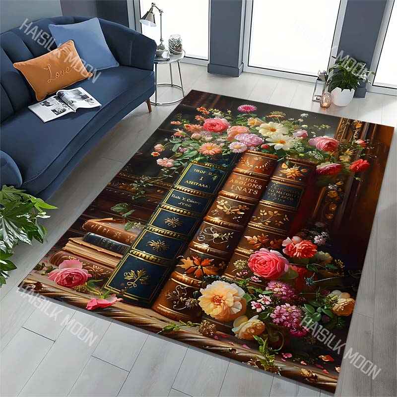 Multi Size Vintage Book Flowers Carpet for Living Room Bedroom Bedside Floor Mat Sofa Table Area Rugs Home Decor Luxury Gift
