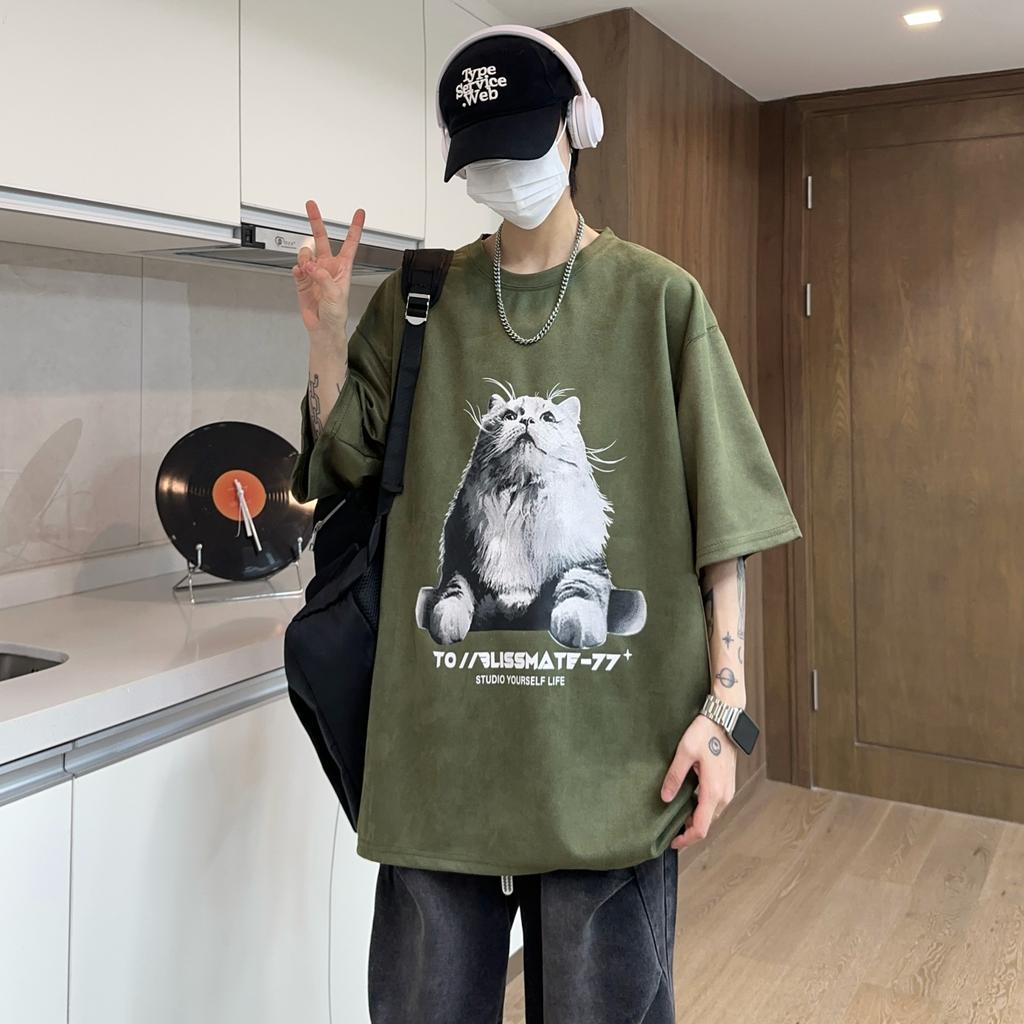 Cotton Short Sleeve t Men's T-shirt ins Trendy Hip-Hop Style Crew Neck Base Shirt Summer