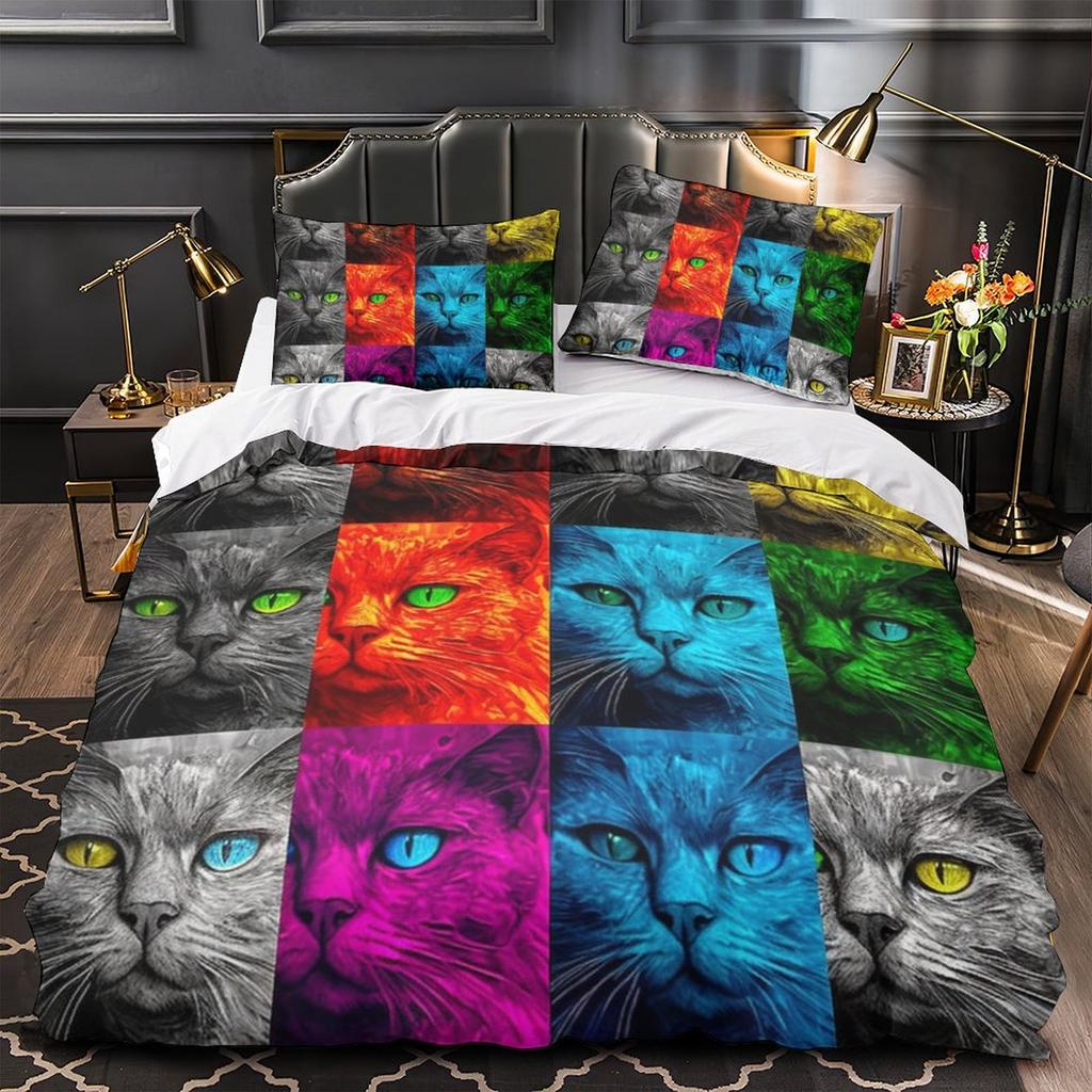 3D Digital Printing Color Cat Series Quilt Cover Pillowcase Two Or Three-Piece Set Polyester Abraded