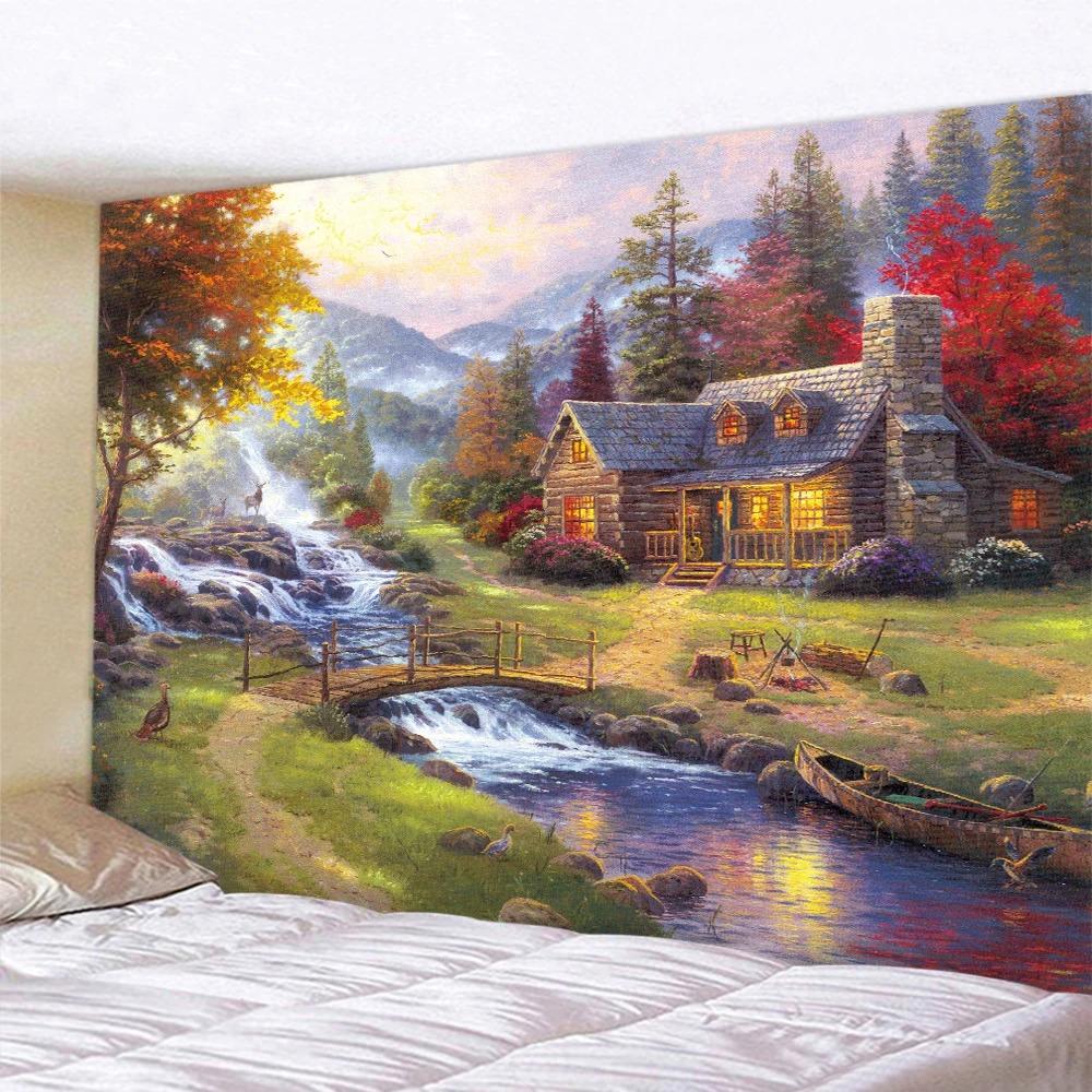 

Сказочный лесной замок Картина маслом Настенная гобеленовая картина для офиса, гостиной, украшение на стену для дома, гобелен 230x180cm