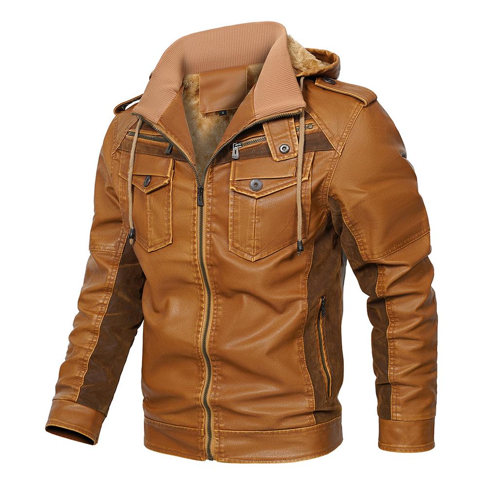 Men's European-Style PU Leather Hooded Jacket, Winter Plus Velvet, New Arrival